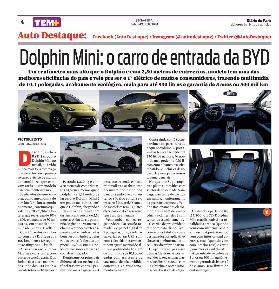 AutoDestaque's tweet photo. Carro de entrada da BYD no Brasil, o Dolphin Mini foi matéria no caderno Auto Destaque do jornal Diário do Pará de 02/08/2024 #AutoDestaque #DiárioDoPará #BYD #DolphinMini #BYDDolphinMini https://t.co/X6zK4ORdue