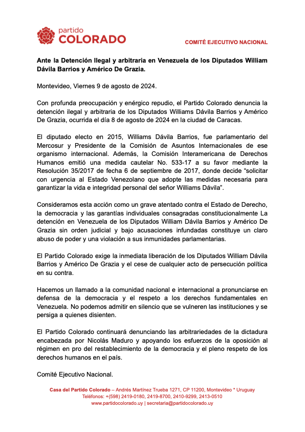 PartidoColorado's tweet photo. Ante la Detención Ilegal y arbitraria en Venezuela de los Diputados William Dávila Barrios y Américo De Grazia, el Comité Ejecutivo Nacional hace su declaración. https://t.co/8zfvymQkiz