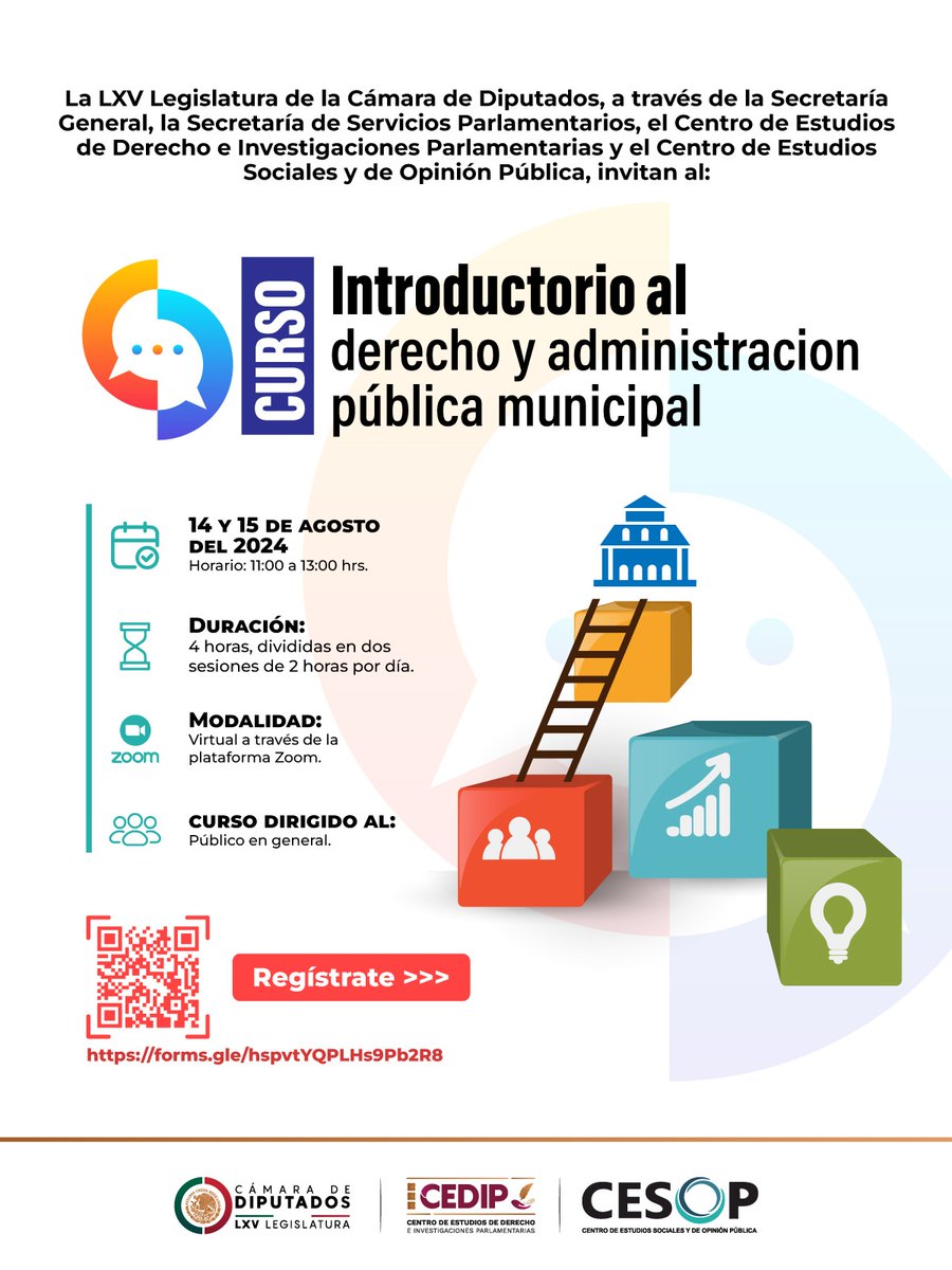 Participa en el próximo curso introductorio la derecho y administración pública municipal organizado en conjunto con el @cedip_oficial ¡Te esperamos! 

Escanea el QR para acceder a la liga de registro 🤓

🗓️ 14 y 15 de agosto 
🕘11:00 hrs 
💻 Vía zoom

#DatosConfiablesCESOP