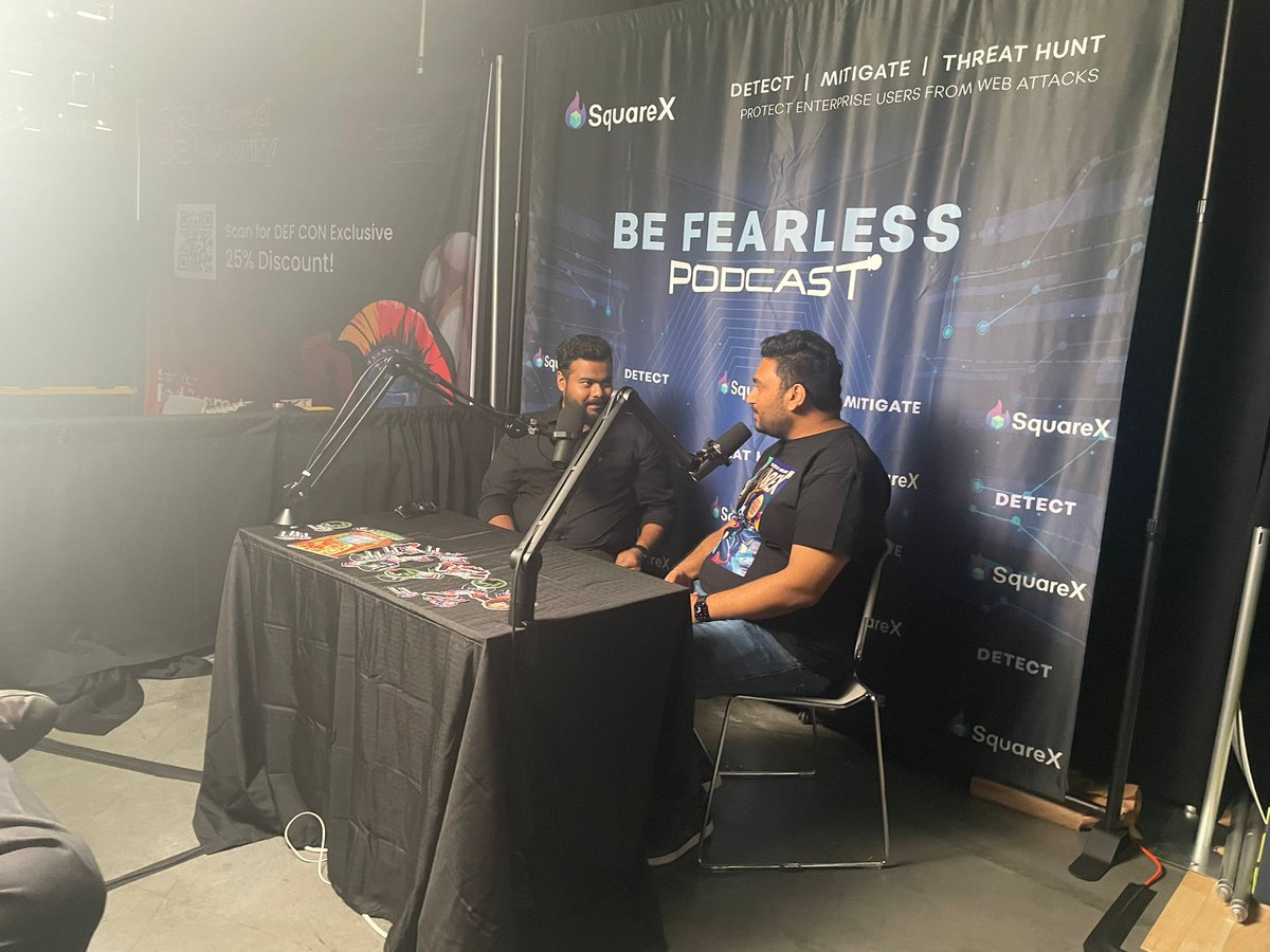 SquareX (@getsquarex) on Twitter photo We had a fantastic time speaking to the third guest on the 'Be Fearless' podcast at @DEFCON: <a href="/sunnyrockzzs/">Subho Halder ๐จ๐ฝโ๐ป</a>, Cofounder and CISO of @Appknox! We had a fantastic time speaking to the third guest on the 'Be Fearless' podcast at @DEFCON: <a href="/sunnyrockzzs/">Subho Halder ๐จ๐ฝโ๐ป</a>, Cofounder and CISO of @Appknox!