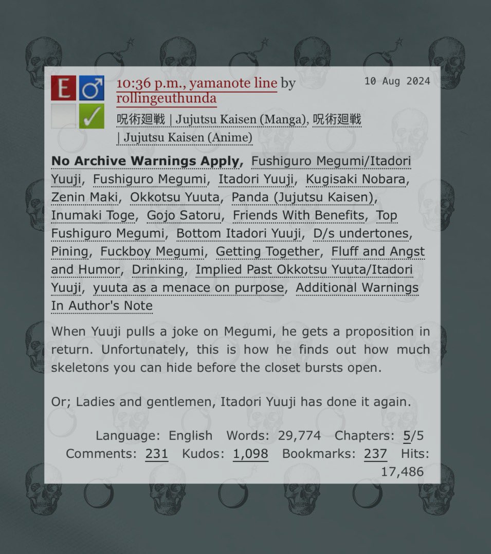 “10:36 p.m., yamanote line” is finally finished! another fsht in the shelf, thank you for all the support along the way :) 
— #fushiita, 29.7k
— friends w benefits, top fushiguro megumi, bottom itadori yuuji, pining, getting together

ao3: ao3.org/works/40025271…