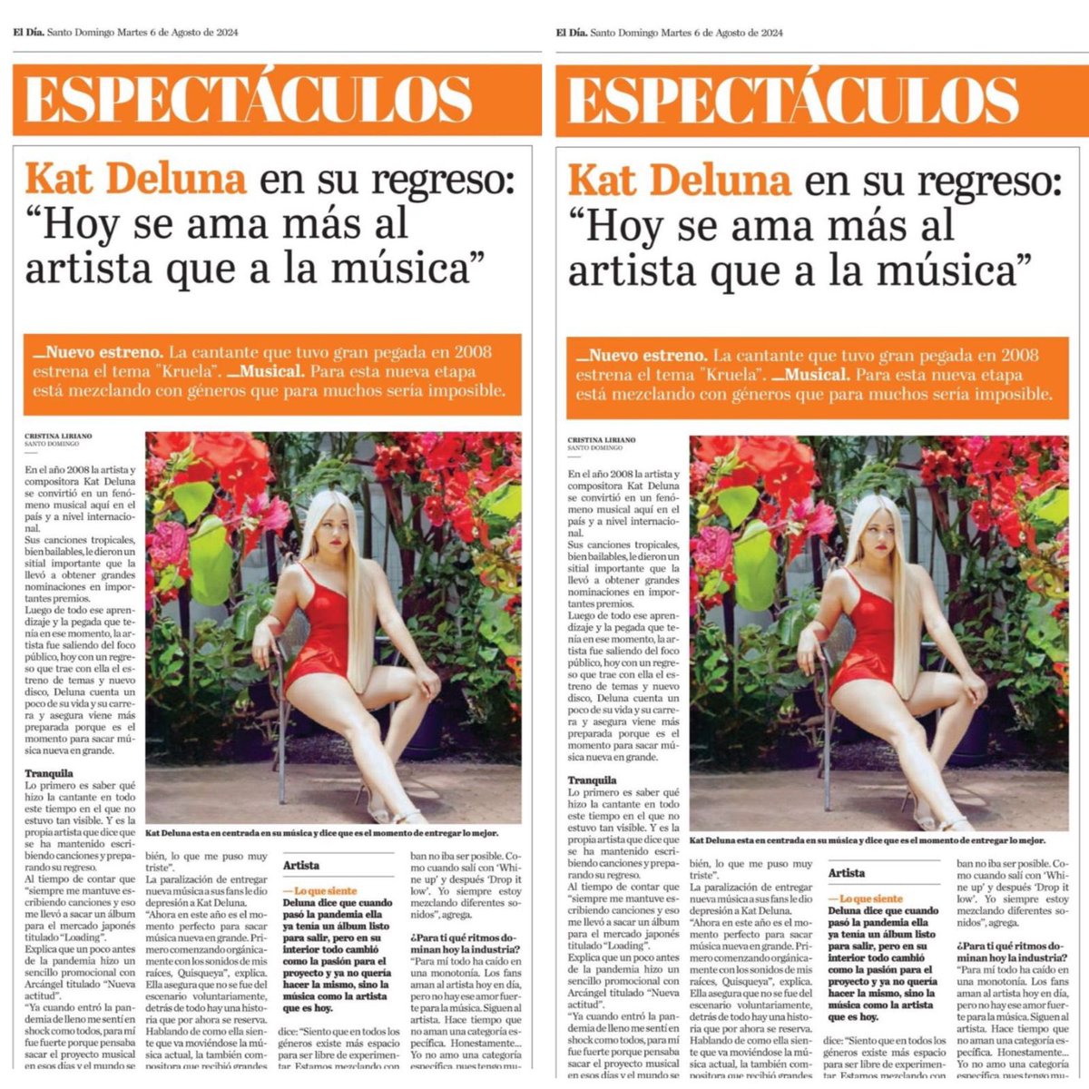 This was an amazing interview about my new song KRUELA and what’s else is coming! Que buena entrevista. Dale un chequeraooo🦾🇩🇴 eldia.com.do/kat-deluna-en-…