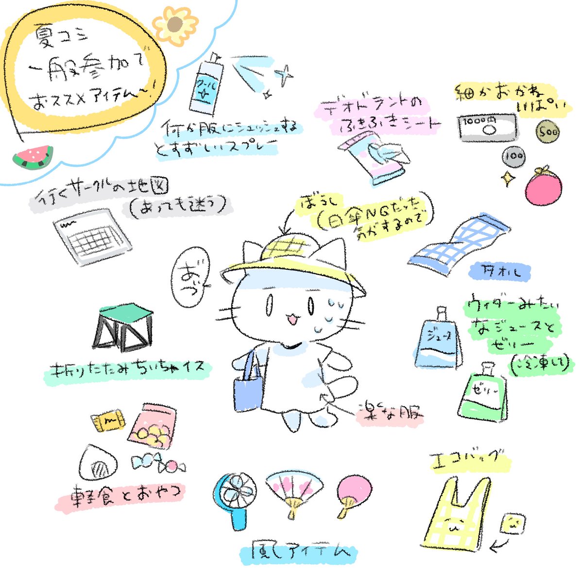 夏コミ来る方へ
私が一般で行く時のある程度の必需品です
あちあちだから気をつけて😭🌻☀️ 