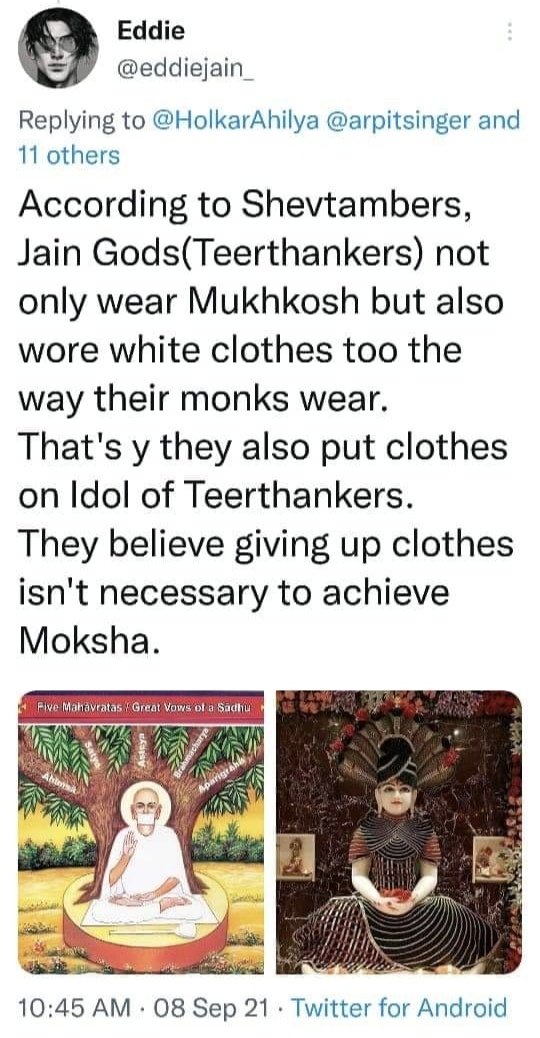 Jainismrevival's tweet photo. @eddiejain_ @BarjatyaPratham शुरुआत करने वाला आज दूसरो की आँखों में धूल झोंक रहा है।
2020 से Mock करना तेरा धर्म रहा है। अर्थ का अनर्थ करके दोष निकालना, श्वेतांबर परंपरा के प्रति अधिक अभद्र भाषा और भाव तुम लोगों के धार्मिकता को दर्शाता है। यहां तक कि तीर्थंकरों को भी नहीं छोड़ा तूने। धर्म सिर्फ नाम का है। https://t.co/bV473IVGkw