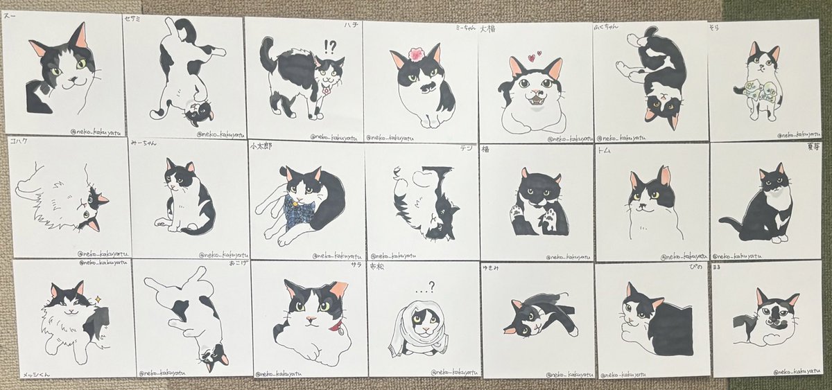neko_kakuyatu's tweet photo. 21匹描きました（黒白のにゃんこ）
うむ、壮観！！
お写真ありがとうございました！✨️
原画お売りすることできるので欲しい方はDMいらしてください🙌（送料込1000円原画サイズは100mm×100mm）
アイコン使用はNGでお願いします🙇‍♀️
アップ写真欲しければ猫の名前をコメントにお願いします
#猫 https://t.co/EKcNbDHYKj
