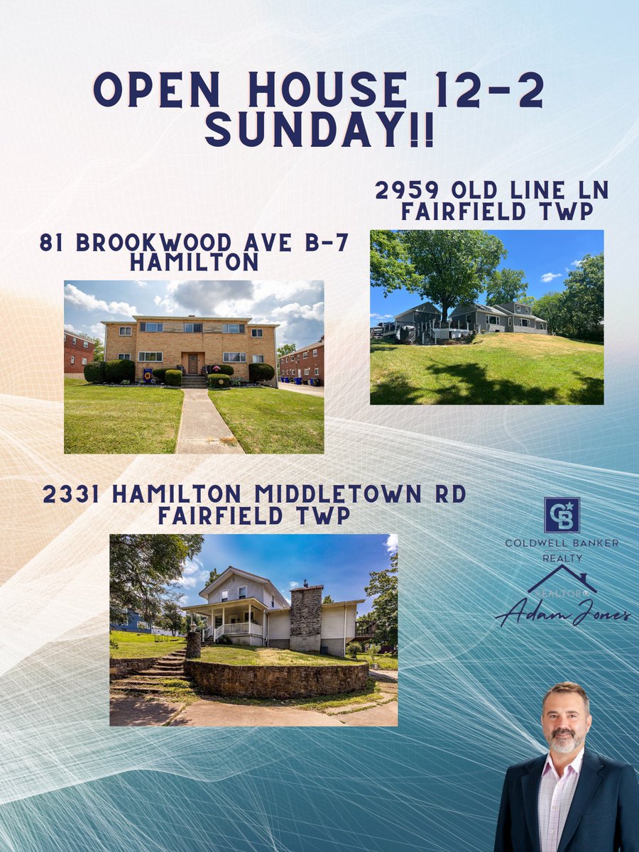 AJohioRealtor's tweet image. Open Houses SUNDAY 12 to 2!!      Several Open Houses this weekend! Know anyone looking for a new home? Come check out these fantastic properties! #AdamJonesSWOhioRealtor #CincinnatiRealEstate #butlercountyohio #fairfieldtownship #hamiltonohio #firsttimehomebuyer