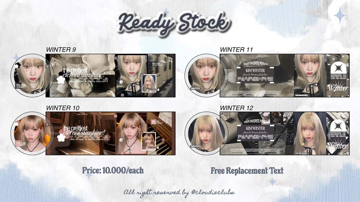 cloudieclubs's tweet photo. Help repost please? Thank you #zonauang

Hello! Rain punya 16 layout ready stock special WINTER aespa di bawah ini yang bisa kalian take langsung ke DM @cloudieclubs! 

💶 tertera di pict!
✅Free Replacement Text https://t.co/0pfcu55XMP