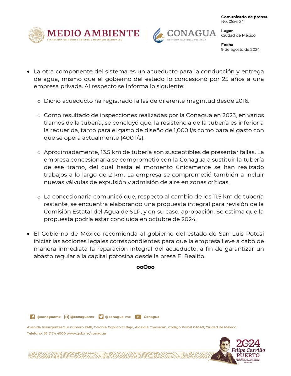 Consulta el comunicado que hoy emitió #Conagua para informar del avance de las obras de rehabilitación del sistema El Realito, en SLP.

Se recomienda también al gobierno de SLP iniciar las acciones necesarias para que la concesionaria del acueducto haga las reparaciones del mismo