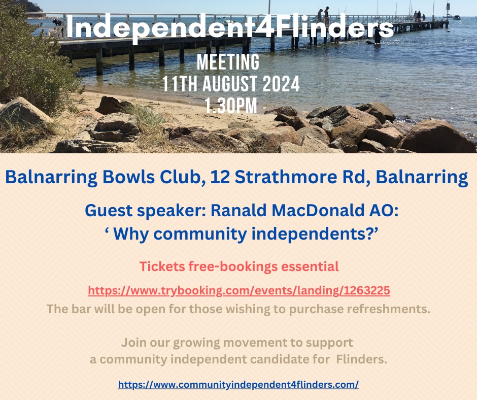 MYOBlady's tweet photo. Come join us and hear the "Age and ABC royalty" Ranald Macdonald on the Independents movement - tomorrow 1.30 at Balnarring Bowls Club https://t.co/QUeakTxaZJ