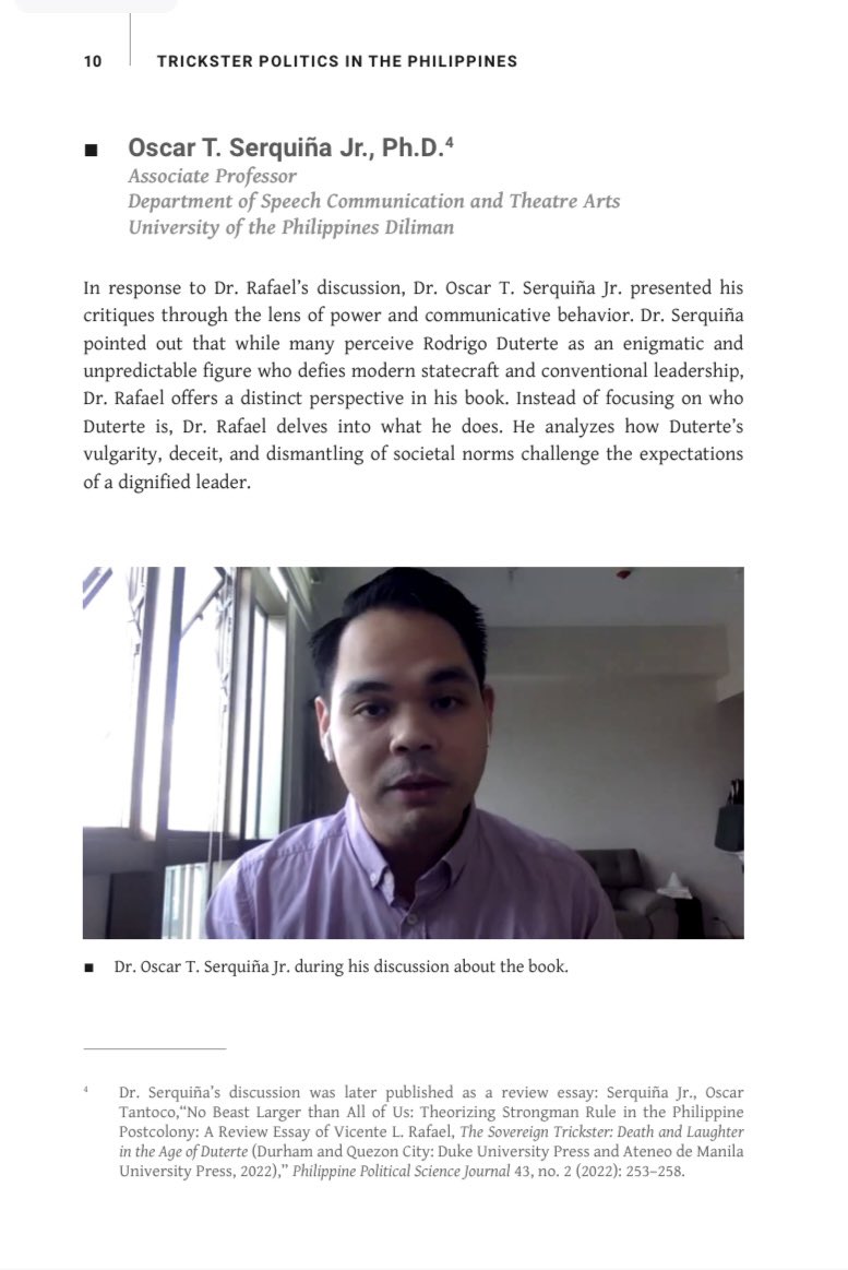 Oscar T. Serquiña, Jr. (@otserquina) on Twitter photo Report on our 2022 book talk on Vince Rafael’s “The Sovereign Trickster: Death and Laughter in the Age of Duterte” is out from <a href="/upcids/">UP Center for Integrative and Development Studies</a>. View it here: cids.up.edu.ph/download/trick…
My review essay on this important book is here: brill.com/view/journals/… Report on our 2022 book talk on Vince Rafael’s “The Sovereign Trickster: Death and Laughter in the Age of Duterte” is out from <a href="/upcids/">UP Center for Integrative and Development Studies</a>. View it here: cids.up.edu.ph/download/trick…
My review essay on this important book is here: brill.com/view/journals/…