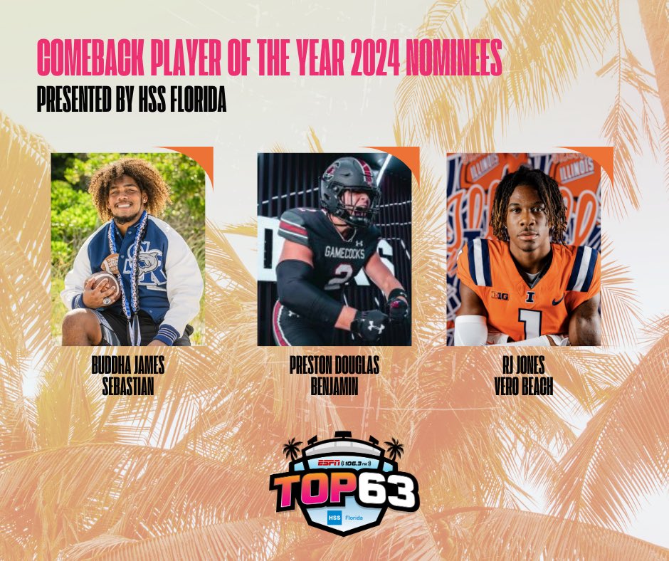 ESPN Top 63 (@espntop63) on Twitter photo Here are your nominees for the 2024 Comeback Player of the Year. Presented by <a href="/HSpecialSurgery/">Hospital for Special Surgery (HSS)</a>.
<a href="/Buddha_James33/">Xavier “Buddha” James</a>, <a href="/SRHS_Football1/">SRHS SHARK FOOTBALL</a>
<a href="/presdouglas2025/">⭐️Preston Douglas⭐️</a>, <a href="/TBSAthletics1/">Benjamin School Athletics</a>
<a href="/Robertjones_3/">Robert “Rj” Jones III🙏🏽🇭🇹‼️‼️</a>, <a href="/VBFootball/">Vero Beach Football</a>
Find out the winner tomorrow night. Here are your nominees for the 2024 Comeback Player of the Year. Presented by <a href="/HSpecialSurgery/">Hospital for Special Surgery (HSS)</a>.
<a href="/Buddha_James33/">Xavier “Buddha” James</a>, <a href="/SRHS_Football1/">SRHS SHARK FOOTBALL</a>
<a href="/presdouglas2025/">⭐️Preston Douglas⭐️</a>, <a href="/TBSAthletics1/">Benjamin School Athletics</a>
<a href="/Robertjones_3/">Robert “Rj” Jones III🙏🏽🇭🇹‼️‼️</a>, <a href="/VBFootball/">Vero Beach Football</a>
Find out the winner tomorrow night.