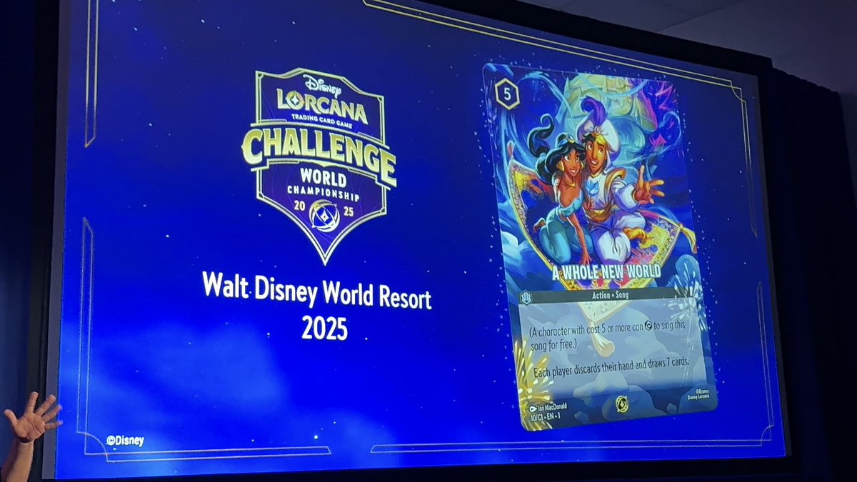 Here's a look at the Disney Lorcana promo card for World's at Walt Disney  World. It's a promo version of A Whole New World! #Lorcana #D23