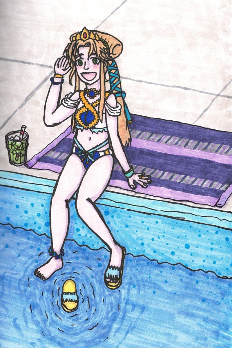 Here is Nyna having a relaxing time at the pool. I tried giving her a bathing suit like the ones they wear in Fire Emblem Heroes. I started this for #ArchaneaSummerFest2024 but failed to complete it in time.