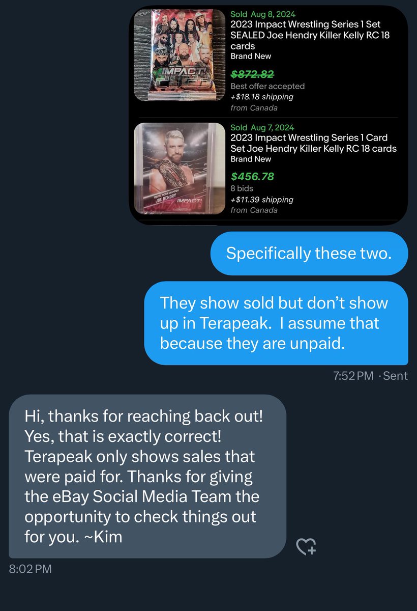 AewCard's tweet image. My thoughts are confirmed…

#130Point does show listings that are unpaid as the sales for the last two 2023 #ImpactWrestling sets with #JoeHendry have not been paid for💰

I definitely am using the eBay Product Research Tool/Terapeak Data over 130 Point from now on 👍

#TheHobby