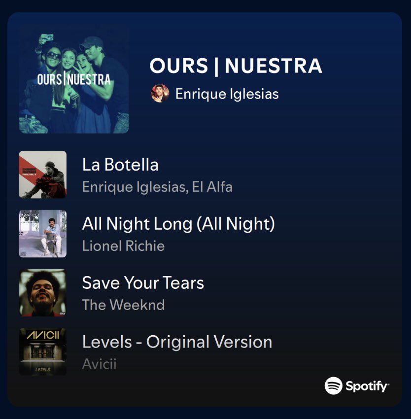 #OURS playlist is out… send song ideas to be added every week on IG Threads 

#NUESTRA playlist ya esta disponible… manden algunas sugerencias de canciones para agregar, cada semana en Threads!

🔗 Threads: threads.net/@enriqueiglesi…
🔗 Playlist: open.spotify.com/playlist/0fNaX…