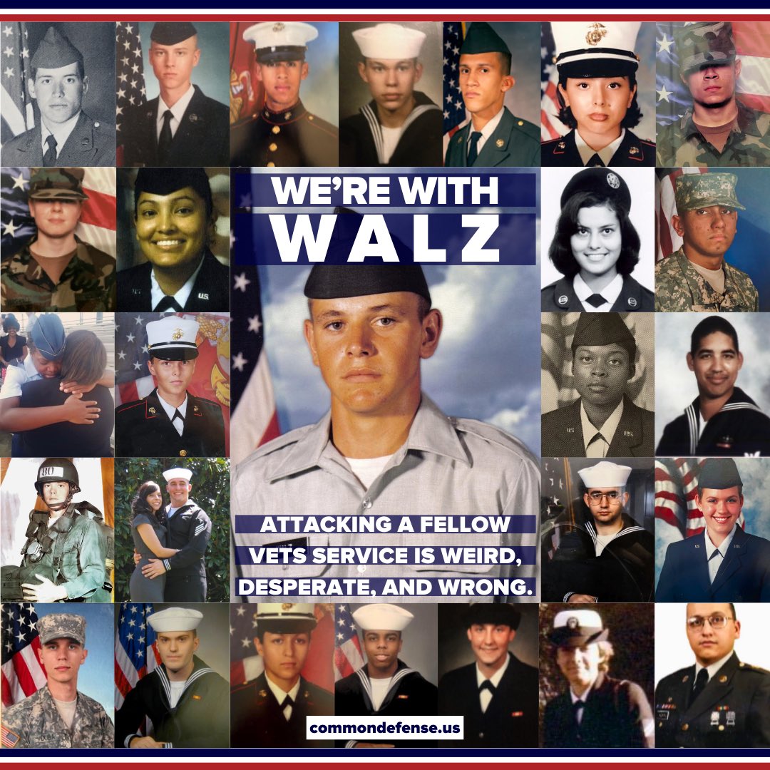 commondefense's tweet photo. Attacking a fellow veteran’s service is disgraceful and a tired tactic by the right wing. As soon as someone doesn’t agree with them, they attack our service, our honor, or our personal lives.

Our vets from across the country are standing with @Tim_Walz. #VetsForWalz https://t.co/T372Mx3LZA
