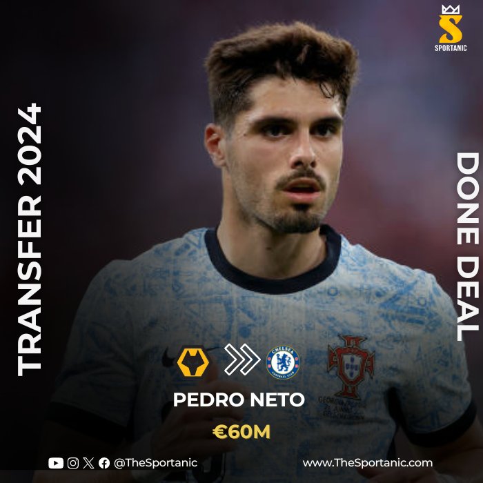 TheFootanic's tweet photo. NETO NAILS THE SWITCH! 💥🔵⚽️ 

Pedro Neto makes the move from Wolves to Chelsea for €60m + add-ons! 📝👏 A Blues boost! 💪 The Portuguese winger brings pace &amp; skill to the Bridge! 🌉 

#Sportanic • #SportsRedefined • #PedroNeto • #WolvesToChelsea • #Transfer2024 https://t.co/t8AAIRp5xG