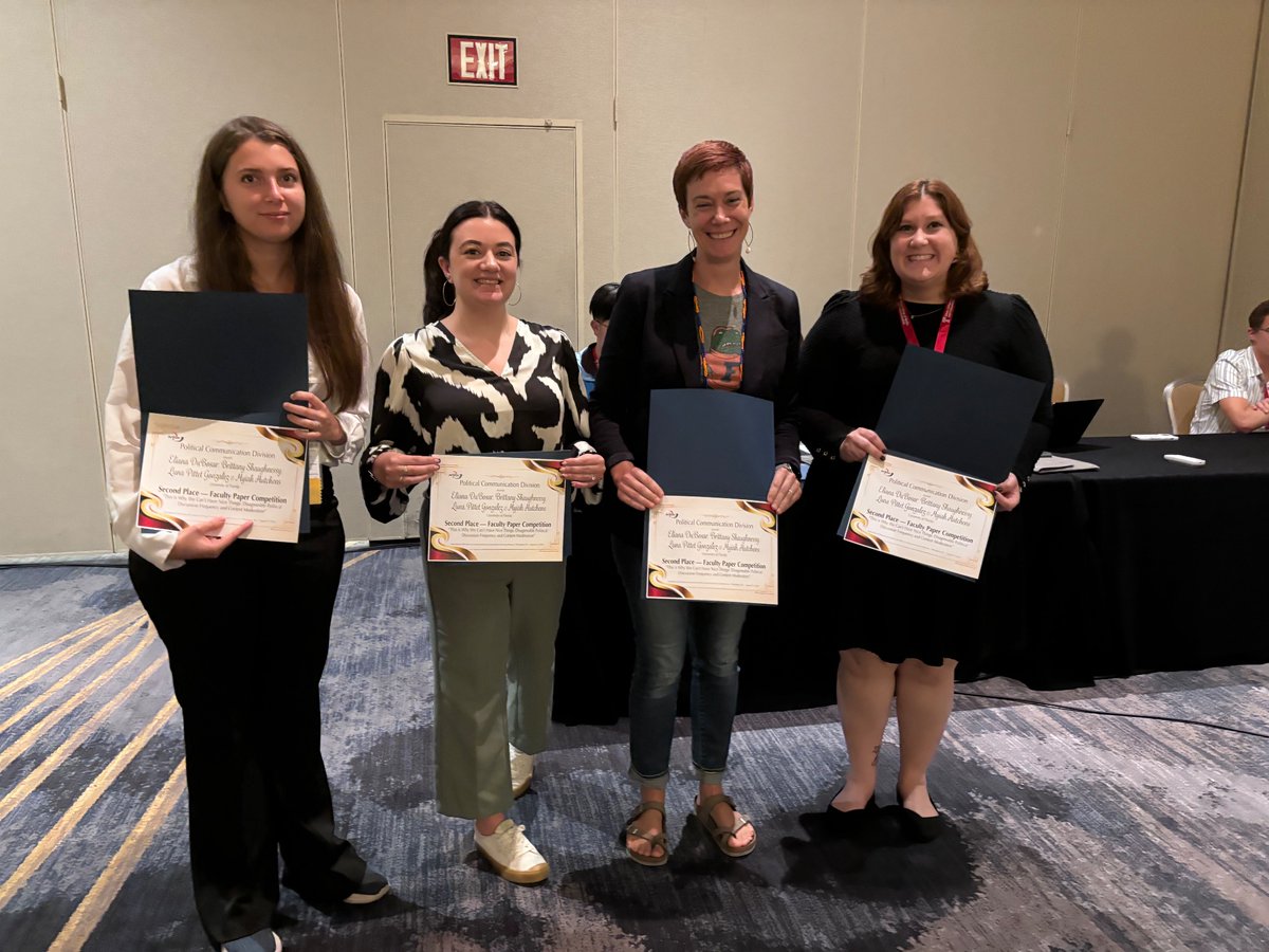 AEJMC Political Communication Division (@aejmc_polcomm) on Twitter photo 🥈Congrats to <a href="/elianadubosar/">Eliana DuBosar</a>, <a href="/brittanyrs__/">Brittany Shaughnessy</a>, Luna Pittet Gonzalez, and <a href="/MyiahHutchens/">Myiah Hutchens</a> on their second place faculty paper: "This Is Why We Can't Have Nice Things: Disagreeable Political Discussion Frequency and Content Moderation" #PLCD #AEJMC2024 #PolComm 🥈Congrats to <a href="/elianadubosar/">Eliana DuBosar</a>, <a href="/brittanyrs__/">Brittany Shaughnessy</a>, Luna Pittet Gonzalez, and <a href="/MyiahHutchens/">Myiah Hutchens</a> on their second place faculty paper: "This Is Why We Can't Have Nice Things: Disagreeable Political Discussion Frequency and Content Moderation" #PLCD #AEJMC2024 #PolComm