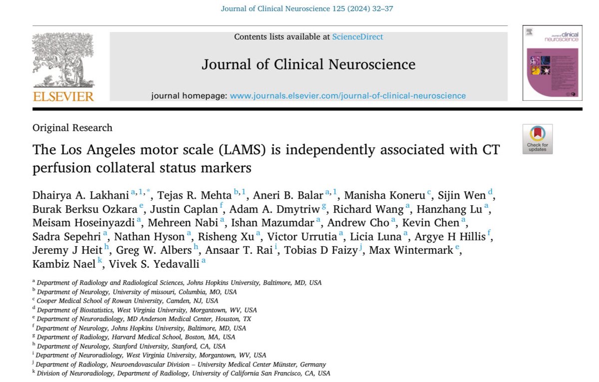 Dhairya A. Lakhani, MD (@dhairyalakhani) on Twitter photo The 5-point Los Angeles Motor Scale (LAMS) may help identify patients with good collateral status in the field for better triage to comprehensive stroke centers with MT capabilities.
<a href="/yedavaSNAPlab/">Yedavalli SNAP Lab</a>
Full text: doi.org/10.1016/j.jocn… The 5-point Los Angeles Motor Scale (LAMS) may help identify patients with good collateral status in the field for better triage to comprehensive stroke centers with MT capabilities.
<a href="/yedavaSNAPlab/">Yedavalli SNAP Lab</a>
Full text: doi.org/10.1016/j.jocn…