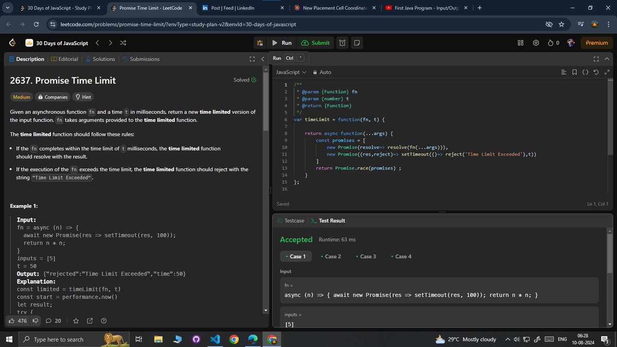 thakurdau2022's tweet image. Day 16 of #30DaysofJavascript: Conquered LeetCode POTD!

Solved #2737: &quot;Promise Time Limit&quot; 💪

#100DaysOfCode #JavaScript #LeetCode #CodeChallenge #MethodChaining #Day16 
#wrestling #IOC 
@LeetCode 
Keep coding,