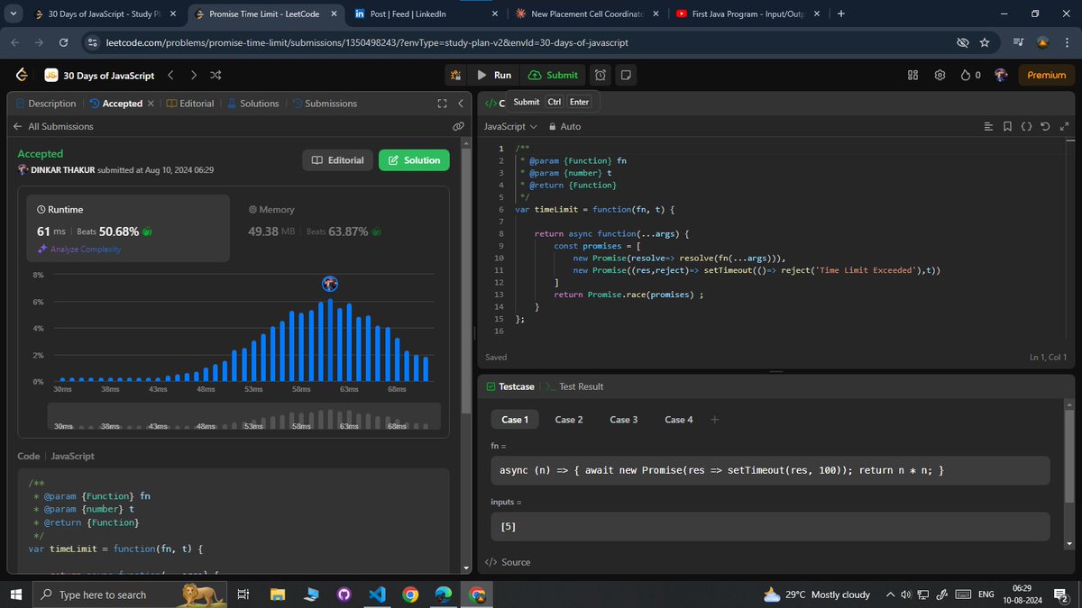 thakurdau2022's tweet image. Day 16 of #30DaysofJavascript: Conquered LeetCode POTD!

Solved #2737: &quot;Promise Time Limit&quot; 💪

#100DaysOfCode #JavaScript #LeetCode #CodeChallenge #MethodChaining #Day16 
#wrestling #IOC 
@LeetCode 
Keep coding,