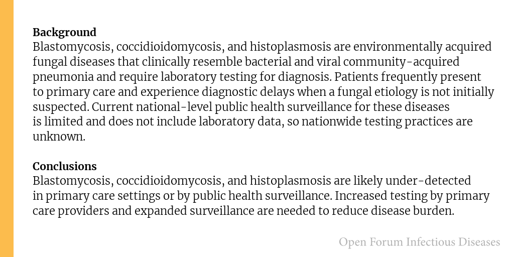 Testing for blastomycosis, coccidioidomycosis, and histoplasmosis at a major commercial laboratory, United States, 2019?2024

✅ Just Accepted
🔗 bit.ly/46BpGKa