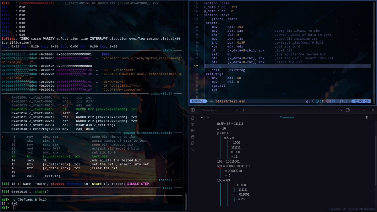 mu_chrinovic's tweet image. Day 0b11010 of #LowLevelProgramming
Still on bit operations
>Read more on bit fields and bit extraction
>Learnt about Bit Testing and Setting and their Assembly instructions
>Read on e flag registers and the Carry flag
>GEF is goated btw
I hate working with Hex values !!