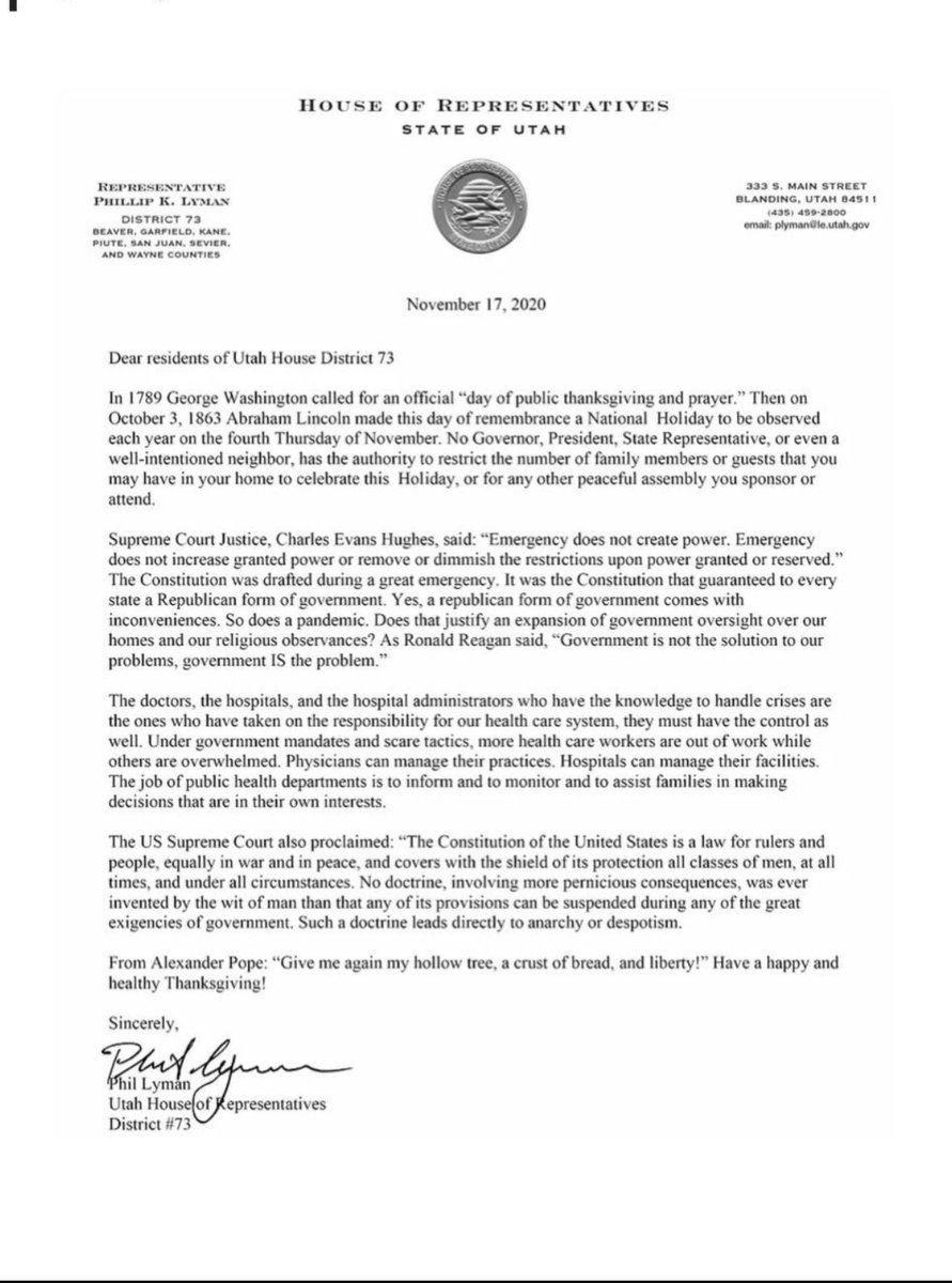 phil_lyman's tweet photo. “No Governor, President, State Representative, or even a well-intentioned neighbor, has the authority to restrict the number of family members or guests that you may have in your home to celebrate this Holiday, or for any other peaceful assembly you sponsor or attend.”
In November 2020, our top Utah elected officials were enforcing draconian mandates, using shame tactics to initiate compliance, and creating surveillance apparatuses for Utahns to use against each other, this ultimately led to extreme divisiveness. I felt it was important to put out a declaration for those I represent. https://t.co/aqZvktfVqu…
#utpol
#LymanforUtah
#SCAMdemic