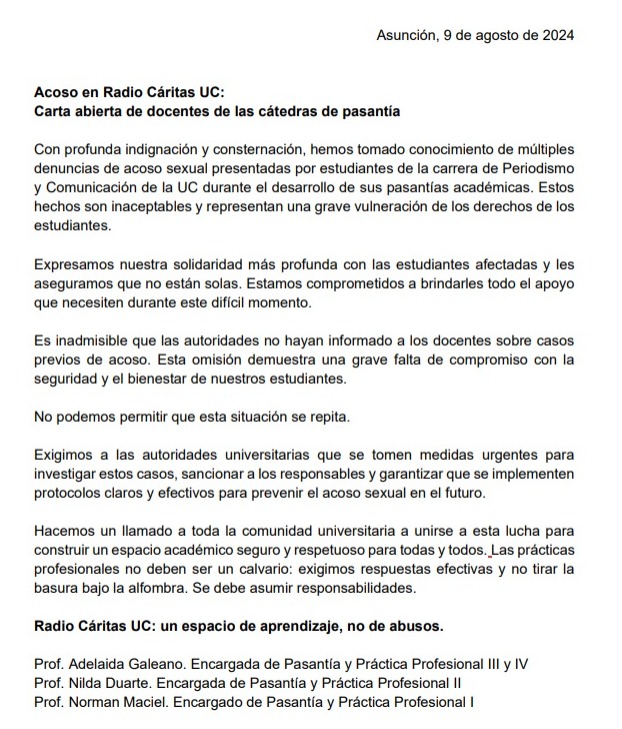 adegaleano's tweet photo. Acoso en Radio Cáritas UC: Con profunda indignación y consternación, hemos tomado conocimiento de múltiples denuncias de acoso sexual presentadas por estudiantes de la carrera de Periodismo y Comunicación de la UC durante el desarrollo de sus pasantías académicas. https://t.co/qMpjw40Ysc
