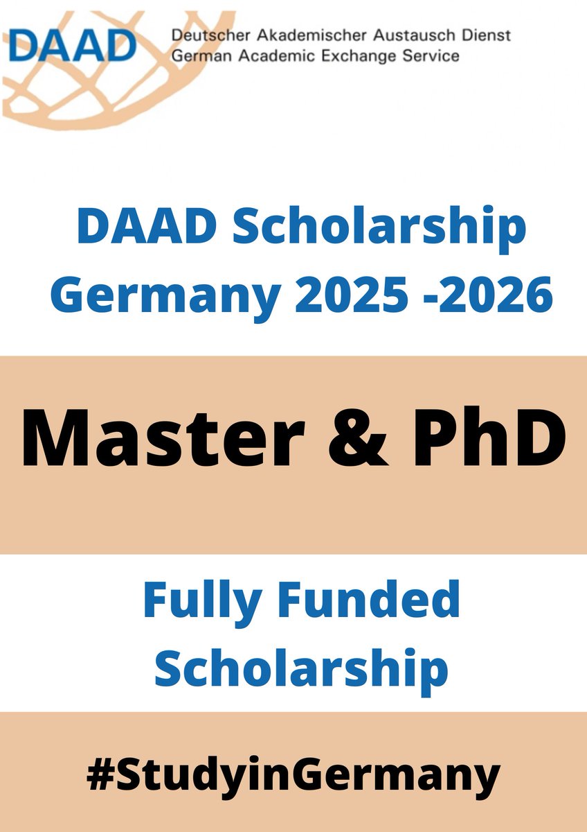 DAAD Scholarship Germany 2025-2026 (Fully Funded) is Announced*

Apply now: techstour.com/daad-scholarsh…

International Students for **Masters &amp; Ph.D. **ALL Nationality are Eligible

All the #Expenses will be Covered by #DAAD.