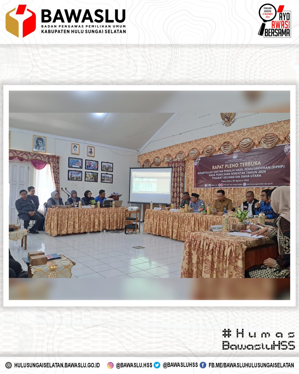 BawasluHss's tweet photo. Bawaslu HSS laksanakan monitoring Rapat Pleno Terbuka Daftar Pemilih Hasil Pemutakhiran (DPHP) dalam Penyelenggaraan Pemilihan Gubernur dan Wakil Gubernur, Bupati dan Wakil Bupati, serta Walikota dan Wakil Walikota Tahun 2024 Tingkat Kecamatan.
#HumasBawasluHSS
#DPSHP https://t.co/wugtAmk62Q