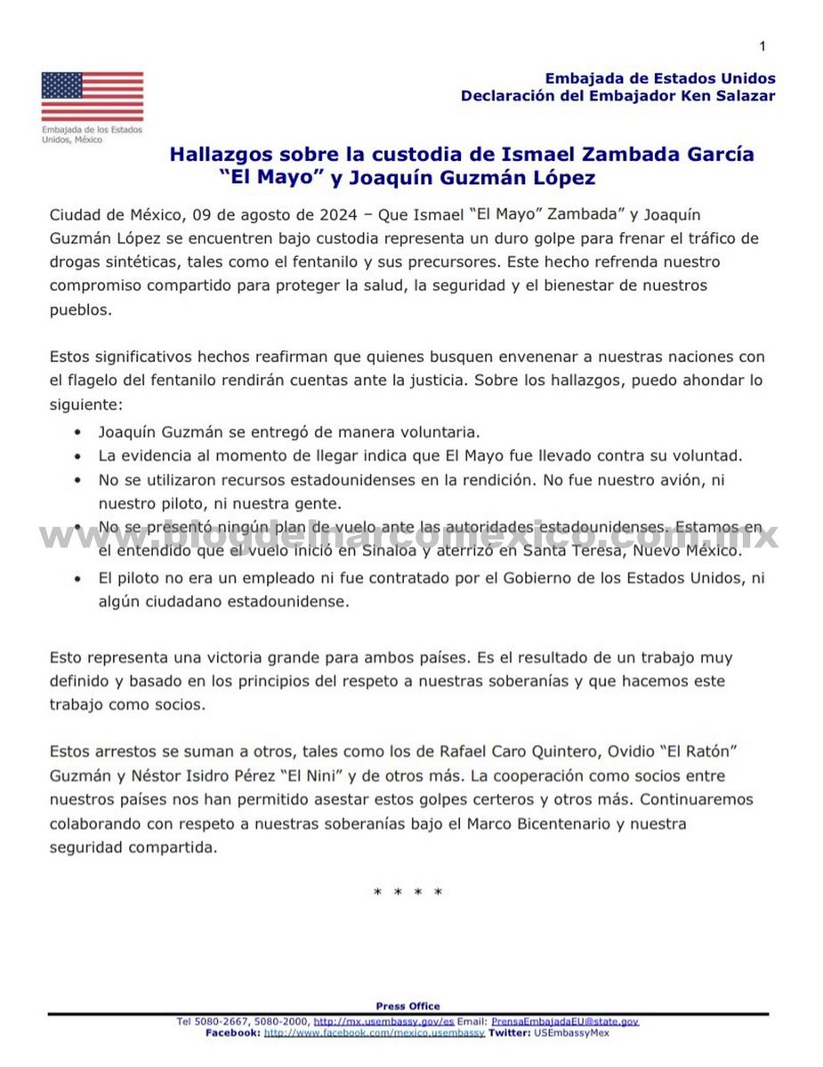 blogdelnarcomx's tweet photo. El Embajador de Estados Unidos acaba de confirmar que Joaquín Guzmán López se entregó voluntariamente a EU: "El Mayo" Zambada, literal les "cayó del cielo", fue secuestrado y entregado contra su voluntad, lo que confirma una posible traición de su Ahijado https://t.co/5BMobiRdxn https://t.co/rP6ppxLpwv