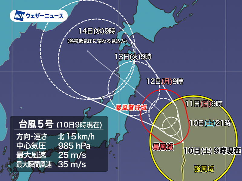 wni_jp's tweet photo. 【台風情報】
8月10日(土)9時現在、台風5号（マリア）は日本の東の海上を北上しています。
明日にかけて徐々に進路を西寄りに変え、三連休最終日に東北に上陸する可能性が高い状況です。荒天に厳重な警戒が必要です。
https://t.co/lnHLDvvWCY https://t.co/jYsthbNXtv