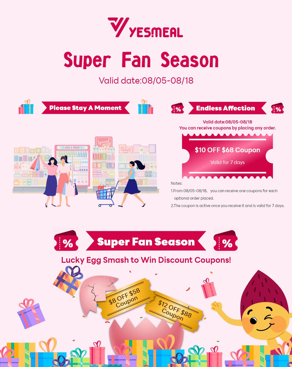 YesmealOfficial's tweet photo. 🎉Yesmeal Super Fan Season Awaits You!
🌟Place any order and receive a discount voucher up to $10 off orders over $68
⚡Click the Lucky Egg for a chance to get a $12 off voucher on orders over $88
📅 Event Date: August 5th to August 18th, 2024
#yesmeal #FanSeason #FanFood https://t.co/GOxswW3ayo