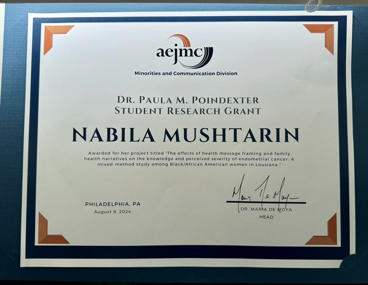 Got the chance to meet Dr. <a href="/PaulaPoindexter/">Paula M. Poindexter, Ph.D.</a> at the <a href="/MacAejmc/">MAC AEJMC</a> awards at #AEJMC24 . This Dr. Paula M. Poindexter Student Research Grant will serve as a major encouragement for my proposed study on endometrial cancer <a href="/AEJMC/">AEJMC</a> <a href="/MassCommGrad/">Manship Grad Program</a> <a href="/ManshipSchool/">LSU Manship School of Mass Communication</a>