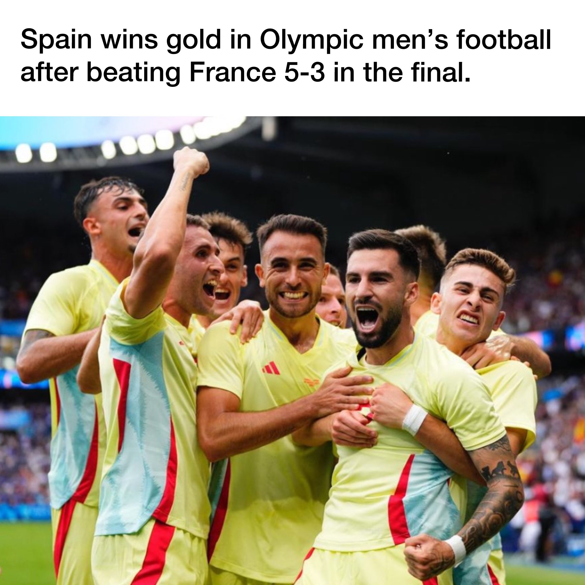 No Next Question on X DOMINATING FOOTBALL Spain have been crowned men s Olympic football champions after defeating France 5 3 in extra time. The win is Spain s first gold in men s football in