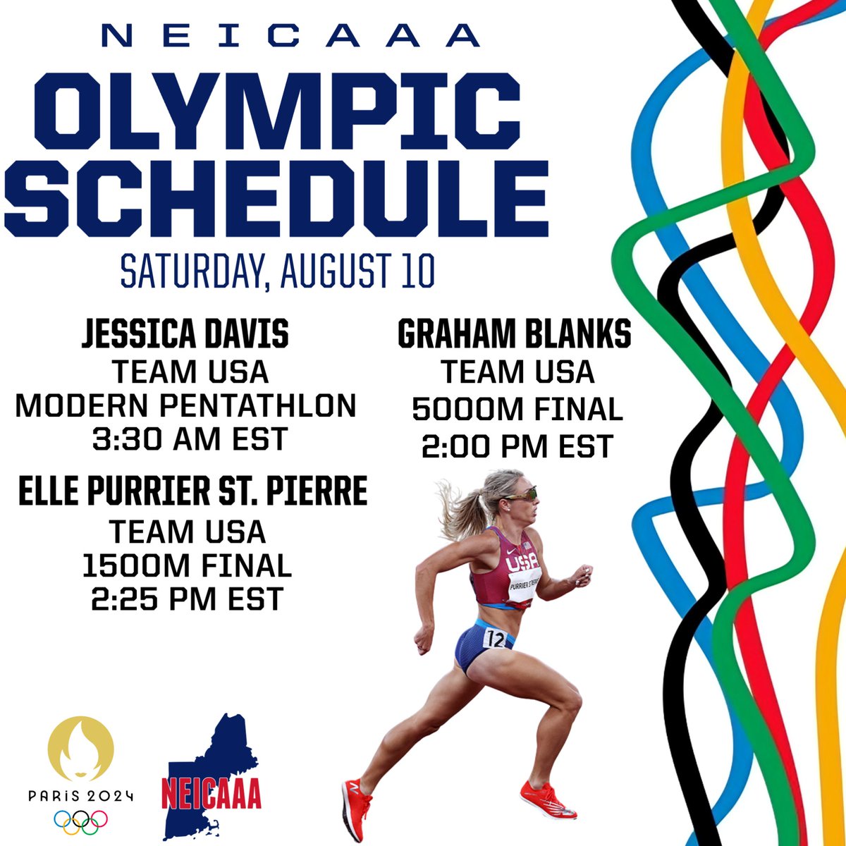 Elle and Graham look for medals tomorrow! Jessica continues in the modern pentathlon! Good luck!