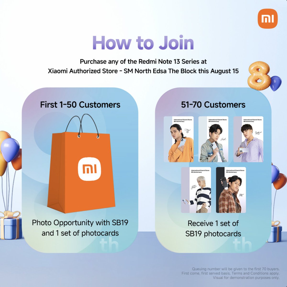 Xiaomi_PH's tweet photo. Celebrate #XiaomiStore8thAnniversary and stand a chance to meet SB19 or get the limited edition photocards when you purchase any of the #RedmiNote13Series this August 15 at Xiaomi Store SM North Edsa- The Block!

See you there, #XiaomiFans and A'TIN. https://t.co/ef2WVsypq3