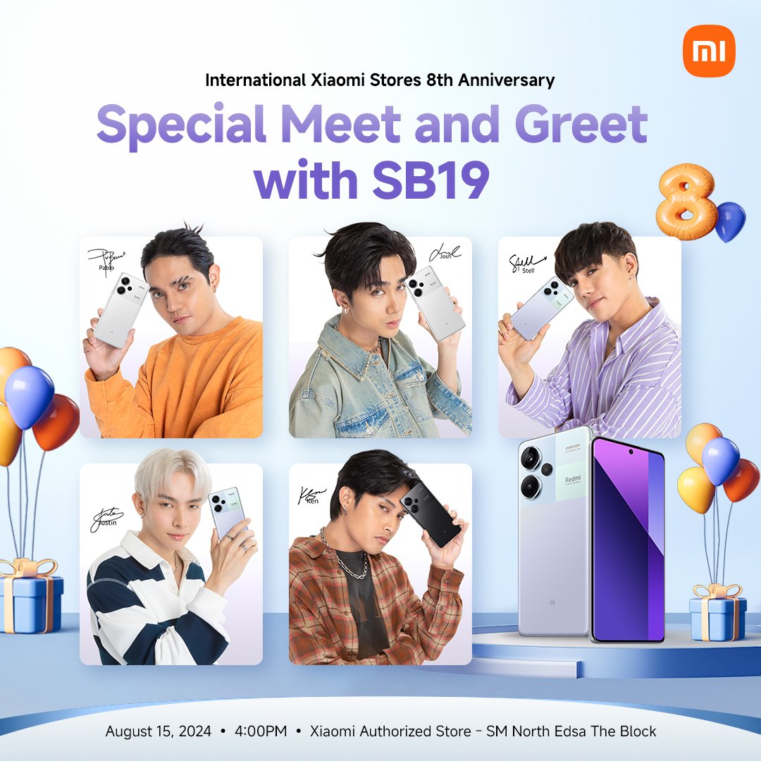 Xiaomi_PH's tweet photo. Celebrate #XiaomiStore8thAnniversary and stand a chance to meet SB19 or get the limited edition photocards when you purchase any of the #RedmiNote13Series this August 15 at Xiaomi Store SM North Edsa- The Block!

See you there, #XiaomiFans and A'TIN. https://t.co/ef2WVsypq3