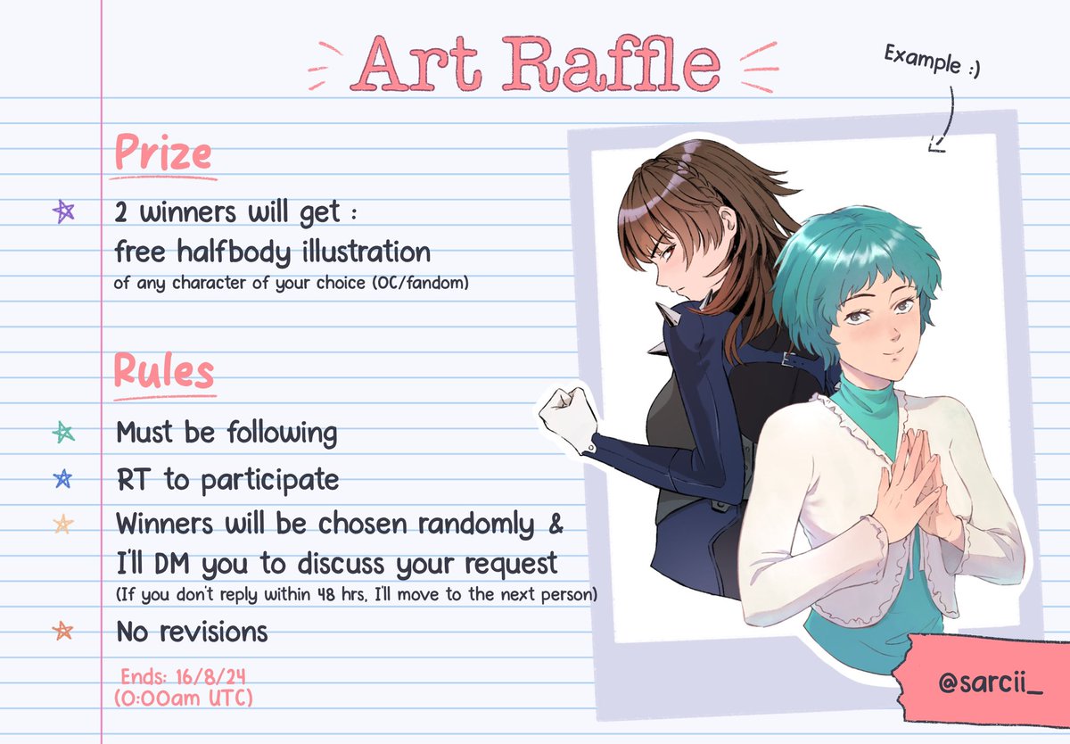sarcii_'s tweet photo. ✨🪩5K art raffle🪩✨
You only need to follow + RT

✨Ends on 16th August✨
Good luck<3 https://t.co/uYNTSDqHvI
