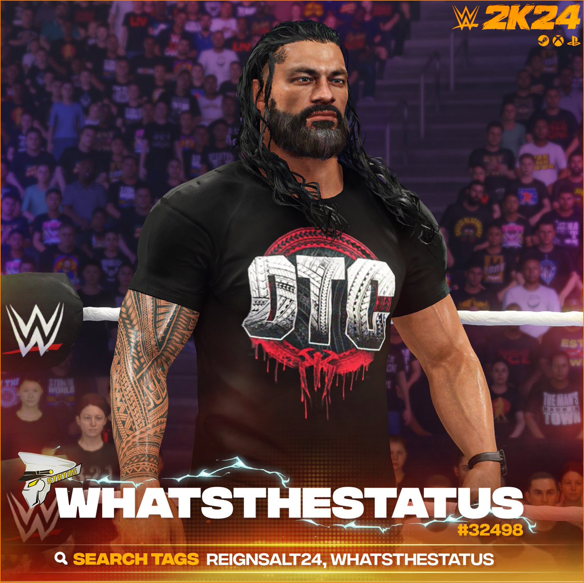 WhatsTheStatus's tweet photo. NEW #WWE2K24 Upload To Community Creations!

★ Roman Reigns '24 (InGame Model Edit)

★ Search Tag → REIGNSALT24 or WhatsTheStatus
★ Collabortion → @DonavanTerbay 
★ Support Me → https://t.co/20TSQS44GF

★ INCLUDES
● Custom Portrait
● Commentary (Roman Reigns)
● Ring Announcer Name (Roman Reigns)
● Smackdown Return Attire
● SummerSlam
● New Body Definition
● New Face Texture
● New Beard

● Automatic alternative attire for Roman Reigns