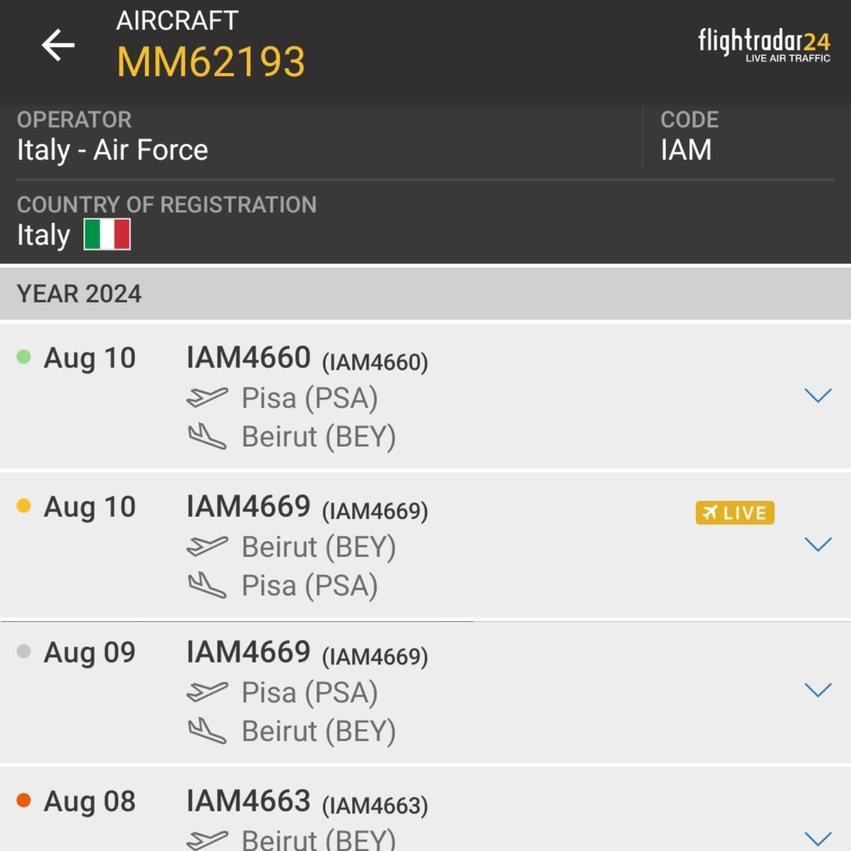 LebanonJets's tweet photo. #Italy AirForce #MM62193 coming to #Beirut again from #Pisa Saturday making it 3 days in a row for this aircraft making it 5 #C130 in 4 days, there is no official statement as to why the sudden uptick in these cargo flights ๐ https://t.co/hbmKK5TfP9