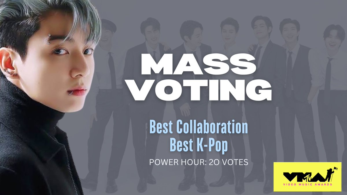 01Btsxarmy1's tweet photo. [🛑] #VMAs MASS VOTING STARTS

Maximize your votes during Power Hour!
⏰ 2AM~3AM KST

Vote Jung Kook on category:
🏆Best Collaboration
🏆Best K-Pop

✅️ 20 votes/category
✅️ Use all your valid accounts to vote
🗳: https://t.co/i3tBdykXbw
❓️: https://t.co/fsENDXuyA6 https://t.co/kRwInnekHQ