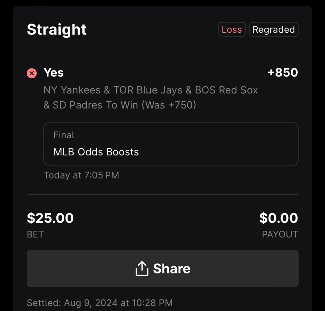 OffenseSucks's tweet photo. @ValueBetsPA I guess ESPNBet gave themselves a free bet on this one. They voided it when the Yankees game was cancelled, then regraded to a Loss since the Red Sox lost. https://t.co/ZrN9n10oAX