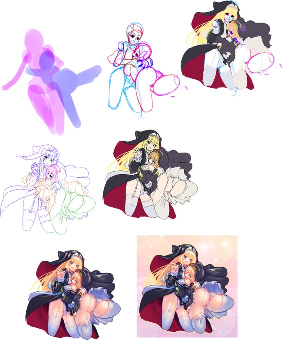 今回はキャラ二人分なので大体6時間くらい。
やはりそれなりに時間かけて描くと良い感じになる。

位置取りのための色塗りを下塗りと合わせてみたものの、やはり形が把握し辛いのが悩ましい🤔
後から塗れば良いのでやはり分かりやすさ重視で行くのが無難かしら。 