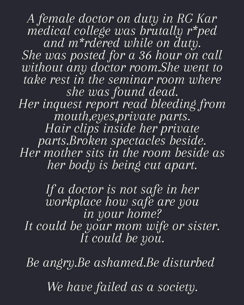 Indian Doctor🇮🇳 (@indian__doctor) on Twitter photo #JusticeforDrAishwarya
★Doctors are being killed at their own workplace
★Being raped at one's own workplace
No Safety No Work !!
Doctors Need Central Protection act
#medtwitter <a href="/narendramodi/">Narendra Modi</a> <a href="/AmitShah/">Amit Shah</a> <a href="/JPNadda/">Jagat Prakash Nadda</a> #JusticeforDrAishwarya
★Doctors are being killed at their own workplace
★Being raped at one's own workplace
No Safety No Work !!
Doctors Need Central Protection act
#medtwitter <a href="/narendramodi/">Narendra Modi</a> <a href="/AmitShah/">Amit Shah</a> <a href="/JPNadda/">Jagat Prakash Nadda</a>