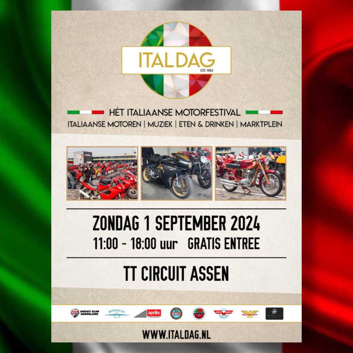 #ItalDag2024 

⁃Zondag 1 september 
⁃TT Circuit Assen
⁃Italiaanse motorfietsen 
⁃Concours
⁃Entree: gratis

info —>  ducaticlub.nl/ital-dag-2024/

#Benelli #Laverda #MotoMorini  #MVAgusta #MotoGuzzi #Aermacchi #Cagiva #Aprilia 
#Ducati