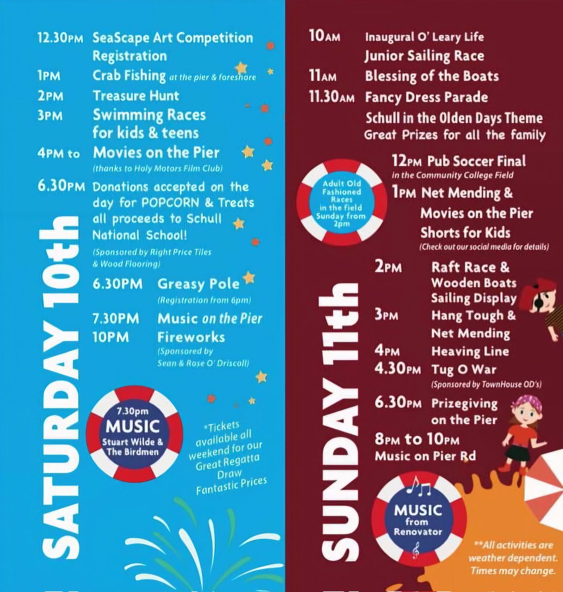 It's <a href="/schullregatta/">Schull Regatta Team</a> time! 🥳

LOTS to do for all the family today ☀️

Action kicking off down the Pier from 12:30pm 

🎨🦀🏊‍♂️🎬🎵🎆

#Schull
#WestCork
#WildAtlanticWay 
#WeGetToCallThisHome 

<a href="/CorksRedFM/">Red FM</a>