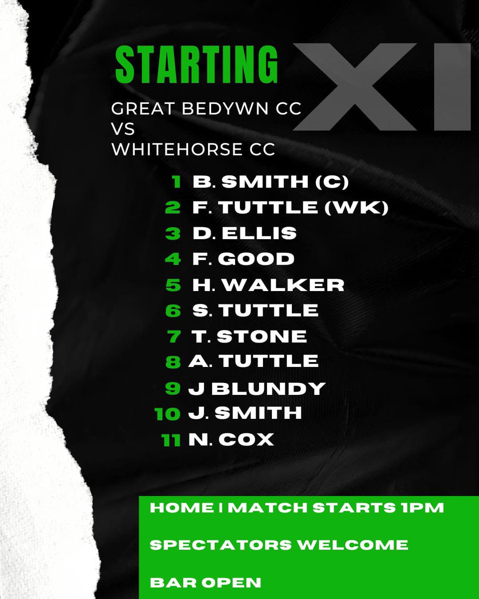 It’s game day, 

We host <a href="/WhiteHorse_CC/">White Horse CC</a> at frog lane this afternoon which always is a great game played in the right spirit

Here’s  how the boys line up 

#GreenArmy