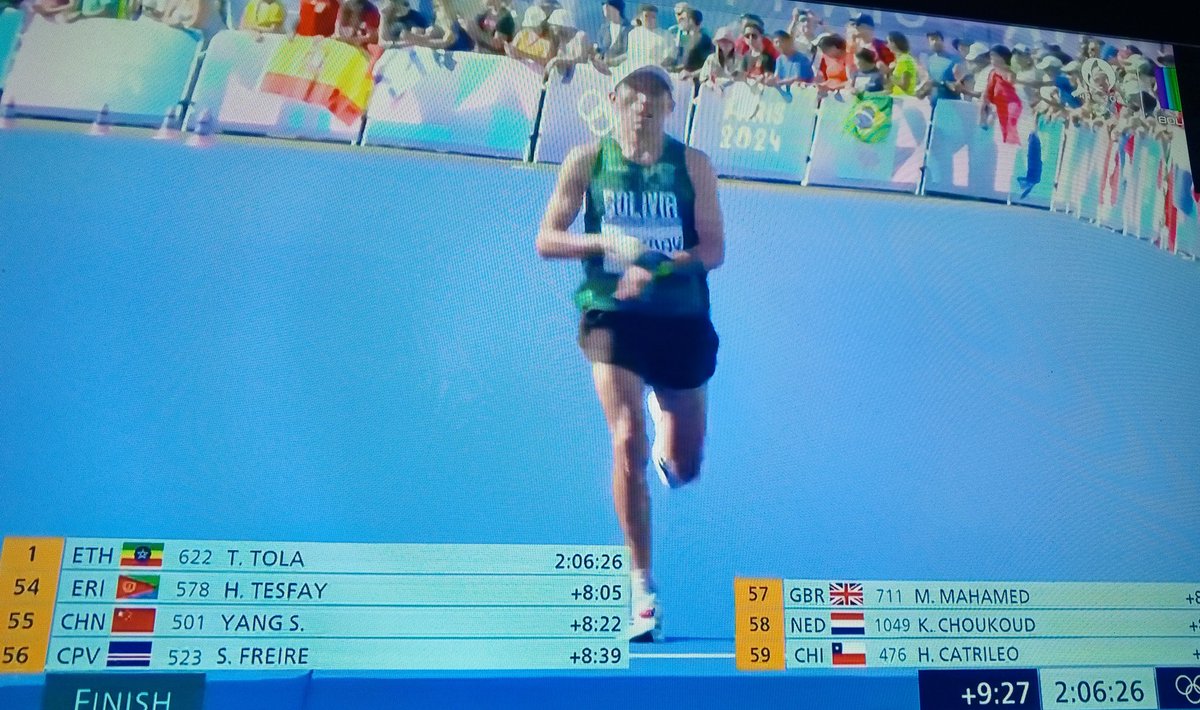 #JuegosOlímpicos 
El boliviano Héctor Garibay llega en el puesto 60 con un tiempo de 2 horas, 15 minutos y 54 segundos.
Una buena competencia del boliviano en sus primeros Juegos Olímpicos.